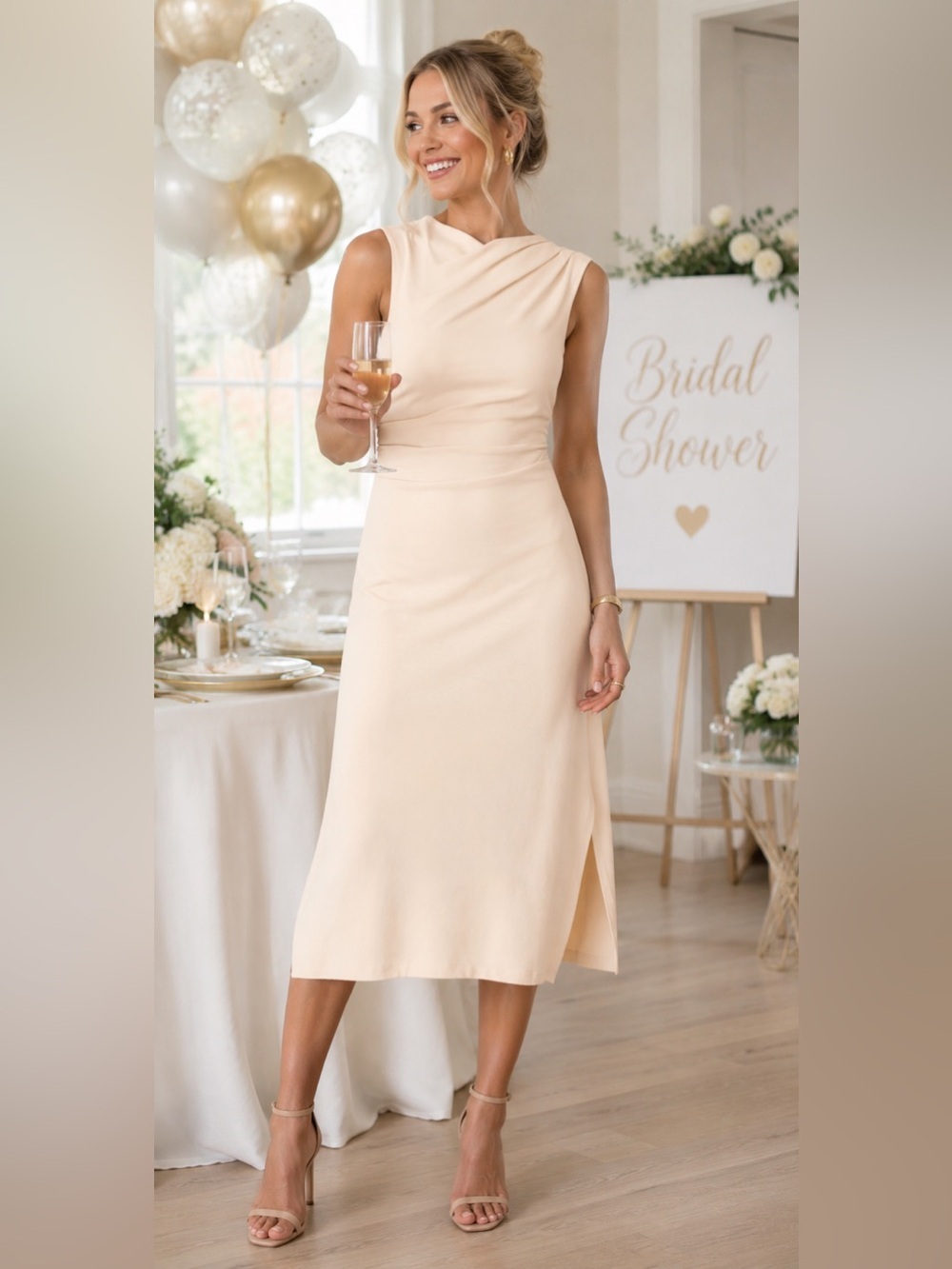 Astr Cream Midi Dress - Bridal Bachelorette Wedding Side Slit MSRP $108